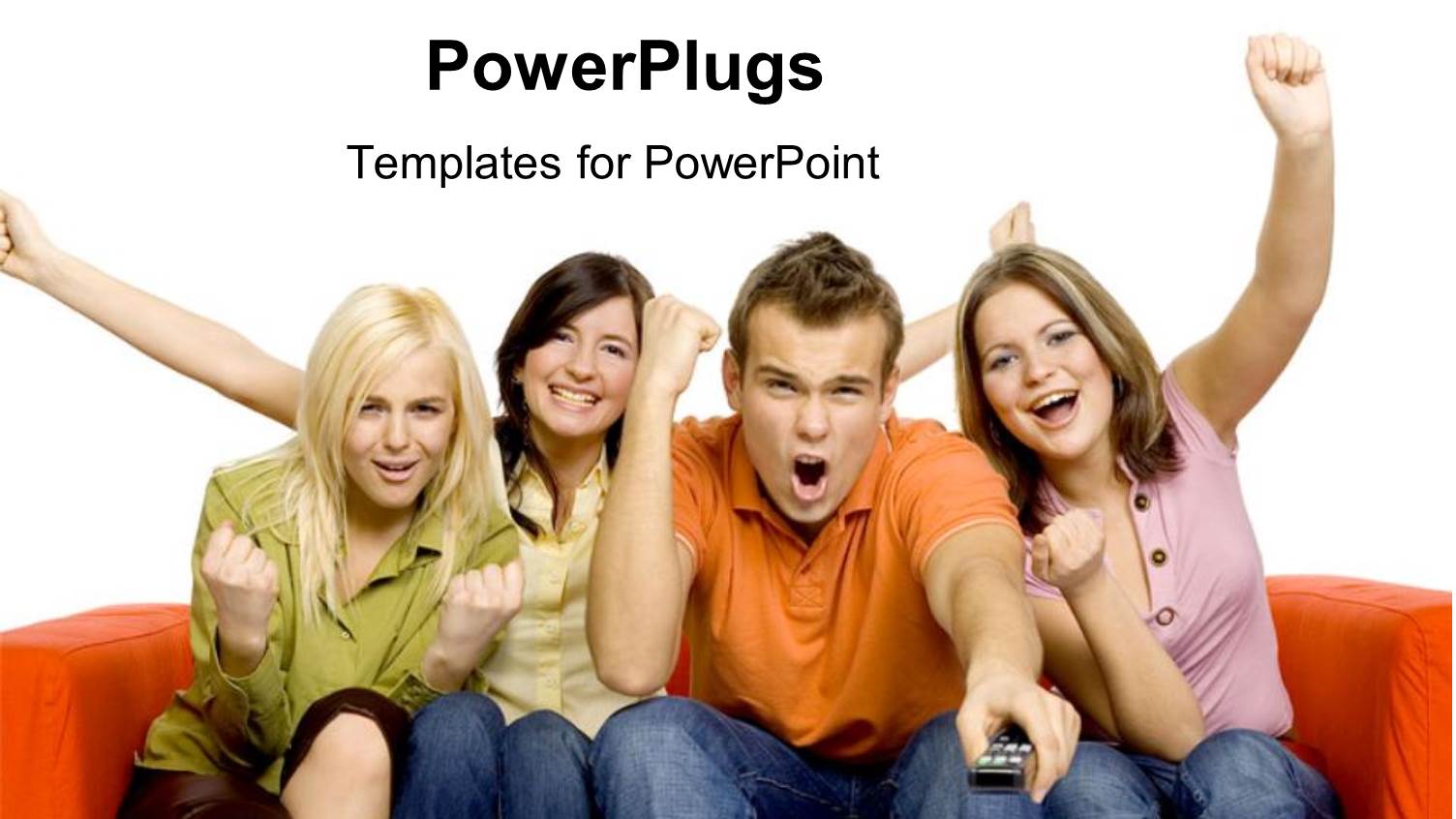 Young Women and Man Sitting on Couch Cheering, Sports Fans