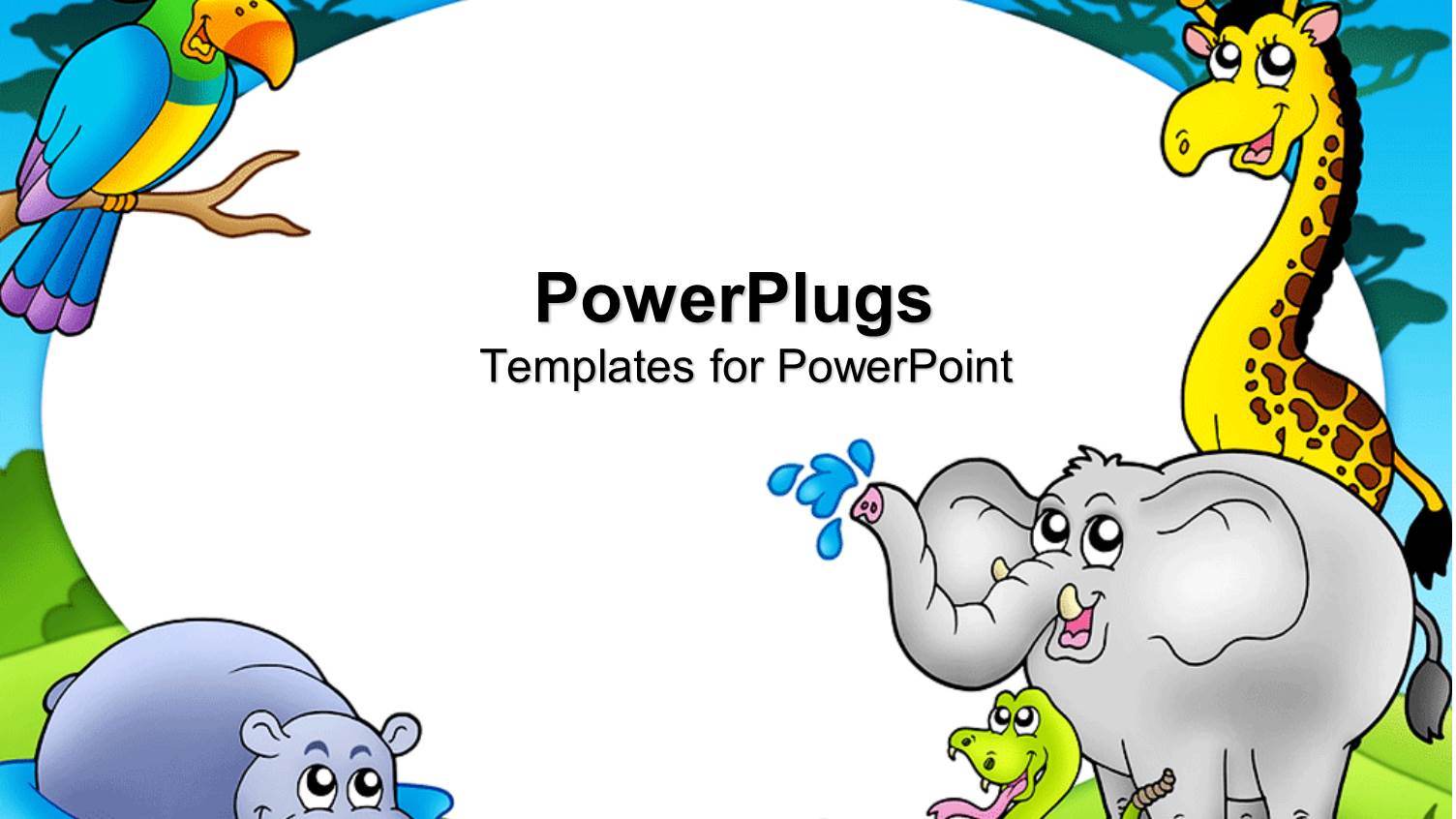 Zoo Theme with Exotic Animals with Hippo, Giraffe, Elephant, Snake and Parrot on Safari Background with White Round