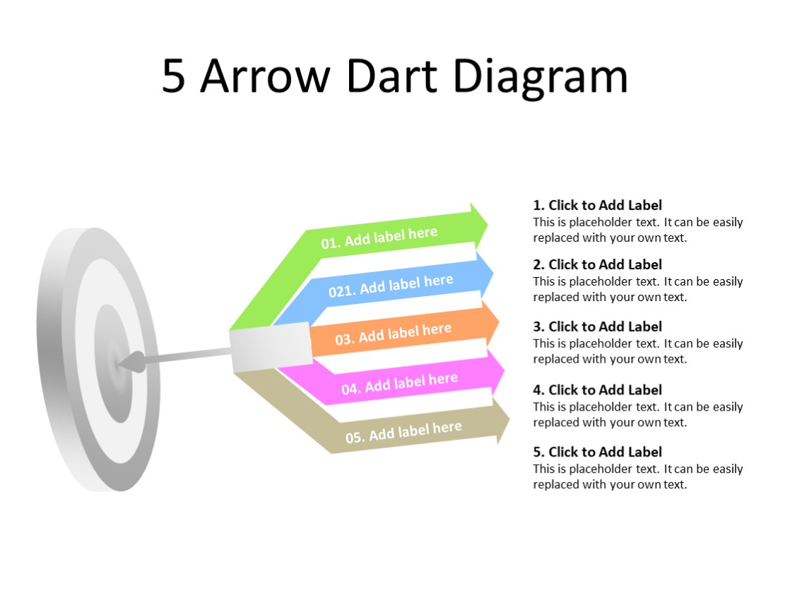 PowerPoint Slide - Dart Diagram - 5 arrows - Multicolor