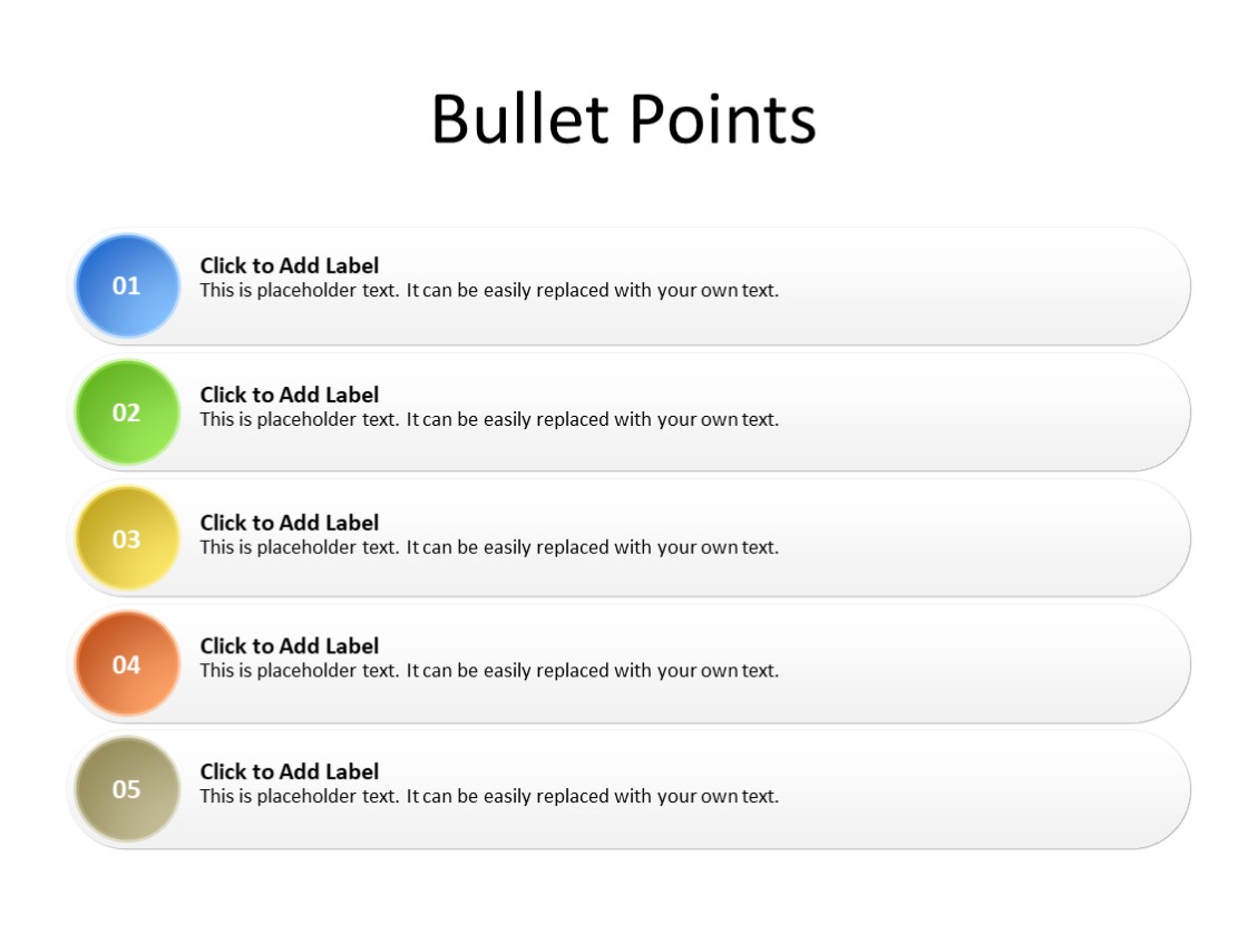 PowerPoint Slide -  Bullet List - 5 steps - Multicolor