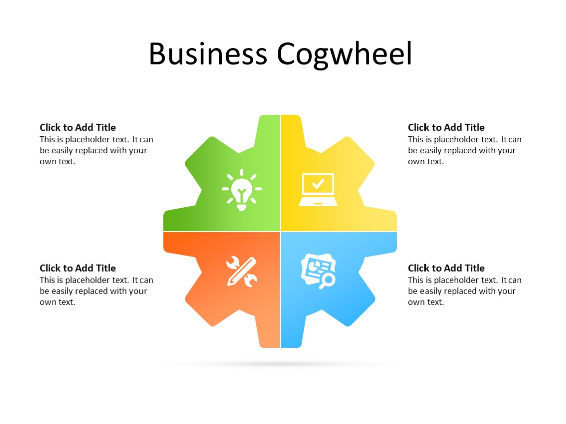 PowerPoint Slide - Gear Diagram - 4 quadrants - Multicolor