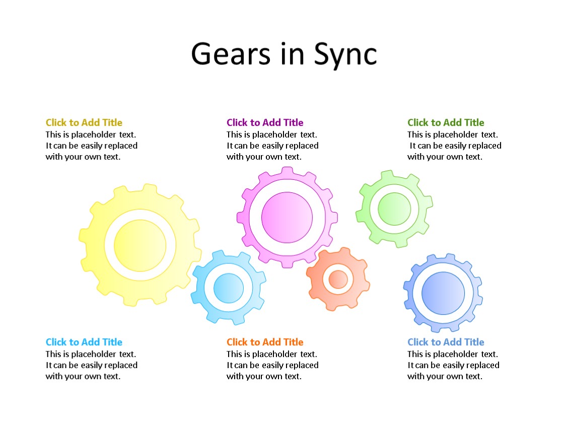 PowerPoint Slide - Gear Diagram - 6 Gears - Multicolor