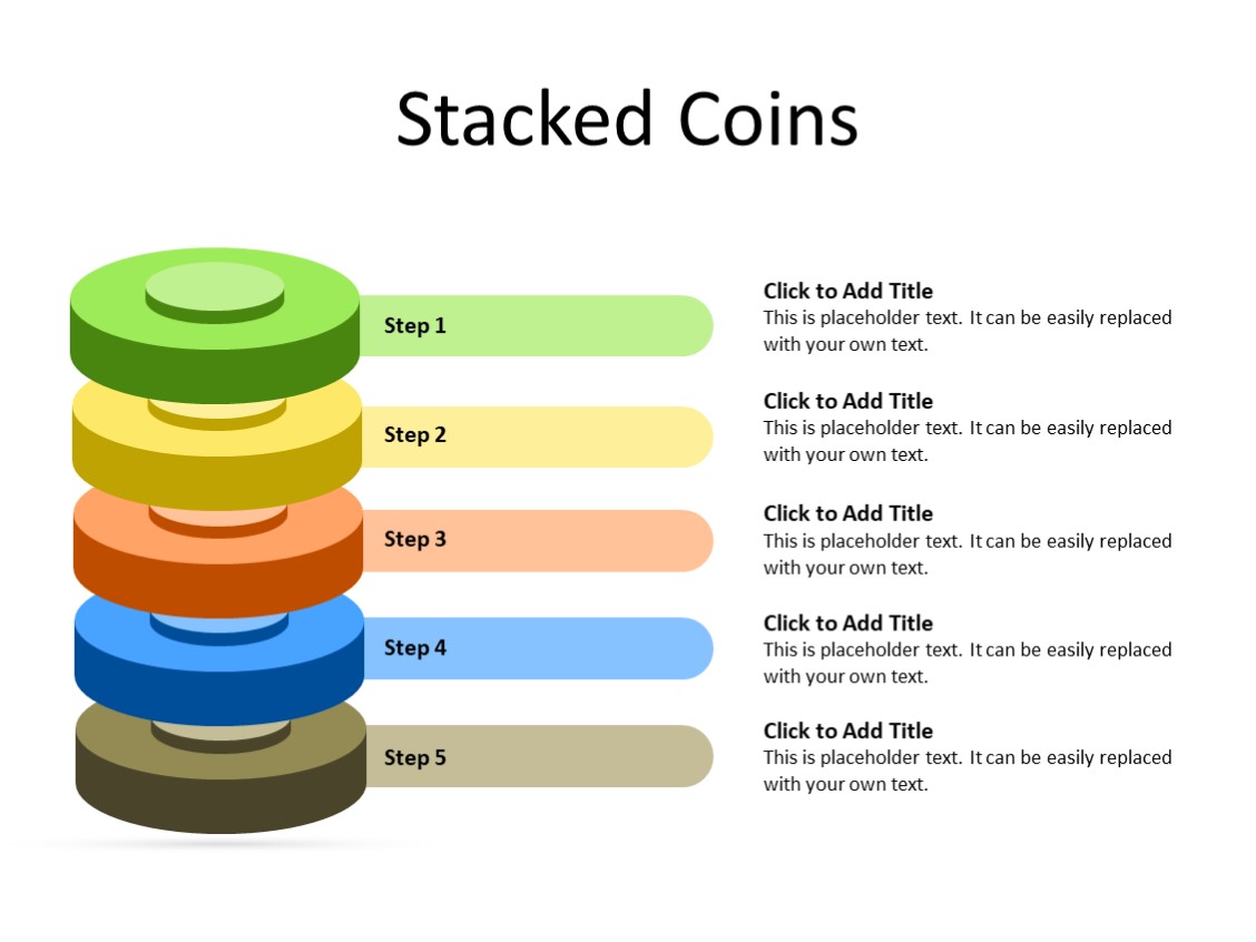 Coin Collection Powerpoint PPT Slide-Stacked coins - 5 steps - Multicolor