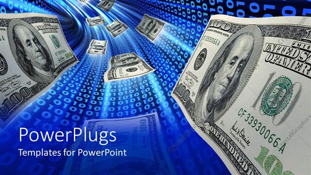  Presentation with bills - 100 dollar bills flowing fast through a blue passage