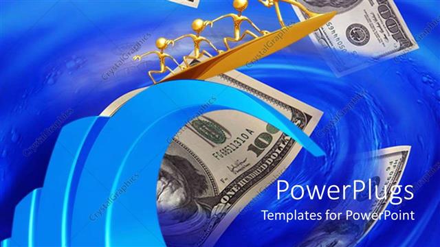  Presentation with surfing - 100 dollar bills fluttering into blue water with golden men surfing