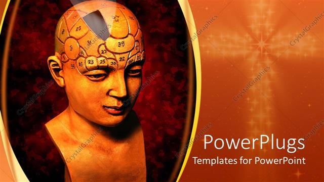  Presentation with brain - 3D abstract bust of human head with numbered areas of the head and faith word highlighted from a part of the brain, lighted cross