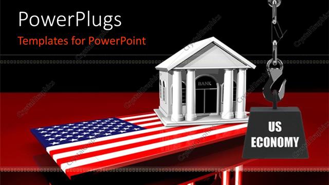  Presentation with banking - A 3D bank building on a USA flag on a red reflective surface