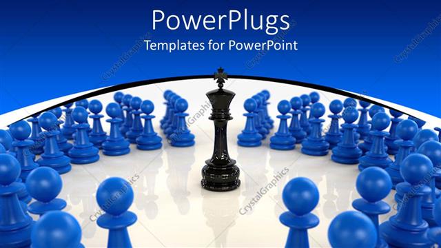  Presentation with blue chess - 3D black chess king piece encircled by blue pawns, 3D chess pieces with king and pawns representing the idea of leadership