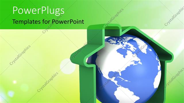  Presentation with green globe - 3D blue colored globe in a green colored house model with nice nature green background