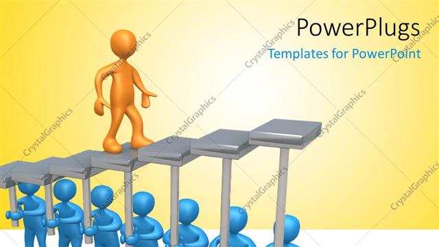  Presentation with step - 3D blue colored men raise stair platform for gold plated man