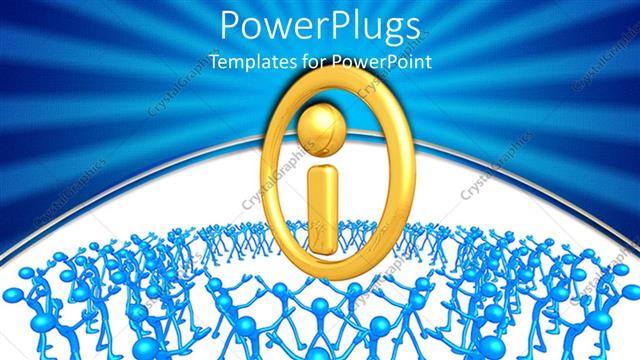  Presentation with community - 3D blue colored men raise hands and gaze at gold information icon