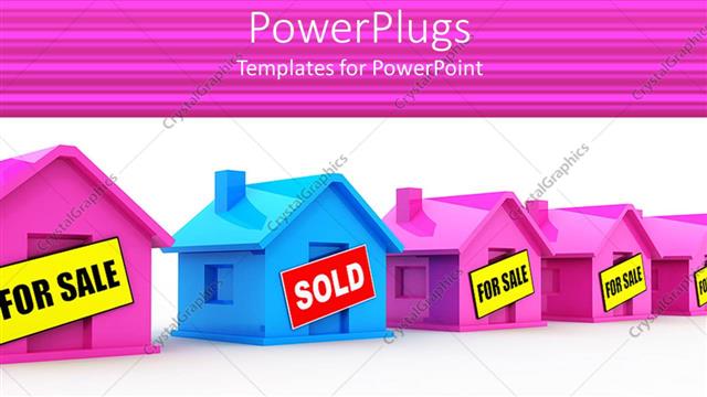  Presentation with pink blue - 3D blue house with sold sign with?pink?houses?for sale