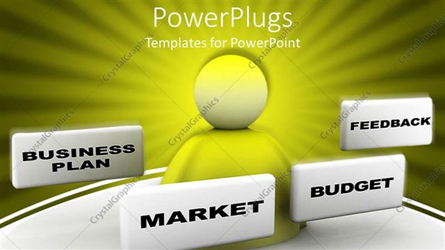  Presentation with displaying - 3D bust surrounded by white frames displaying business plan, market, budget and feedback words on sunrays yellow and green background