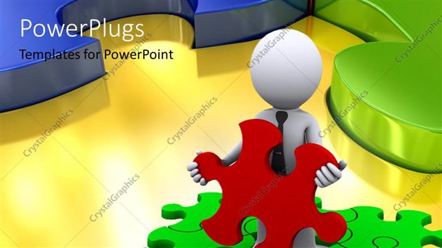  Presentation with red puzzle - A 3D character holding a red puzzle piece over green puzzles