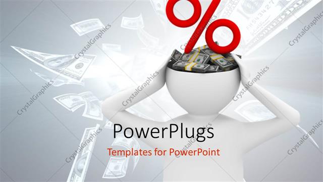  Presentation with percentage - A 3D character with money in his head and ?percentage symbol