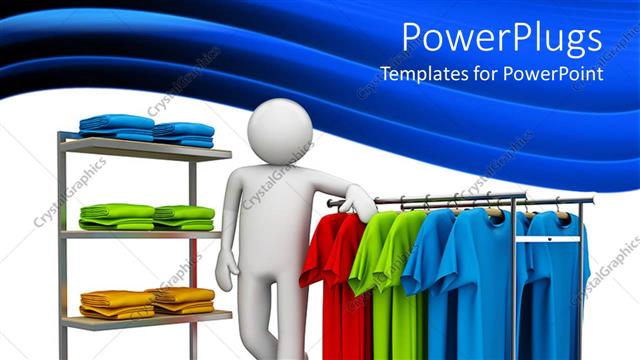  Presentation with boutique - A?3D character resting on hangers with different colorful shirts