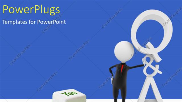  Presentation with yes - A 3D character standing beside a die that has text which spell out the words 