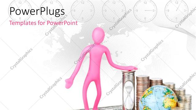  Presentation with time money - A 3D character standing on some dollar bills and coins