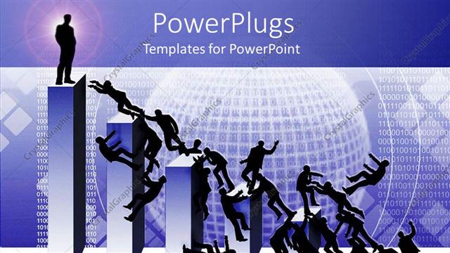  Presentation with battle - 3D chart bars with one silhouette standing on the top bar and several silhouettes fighting to reach upper positions on the chart with abstract globe surrounded by binary codes