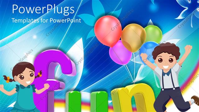  Presentation with balloons - 3D colored letters writing the word fun with happy girl and boy and five colorful balloons on floral and rainbow themed background