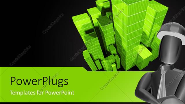  Presentation with construction - 3D construction engineer with green model of skyscrapers on black background