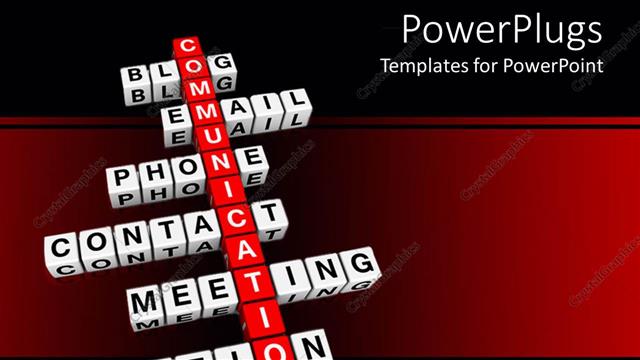  Presentation with email - 3D crossword blocks, crossword with red word communication and white blocks with words related to communication, blog, email, phone, contact, meeting, relation