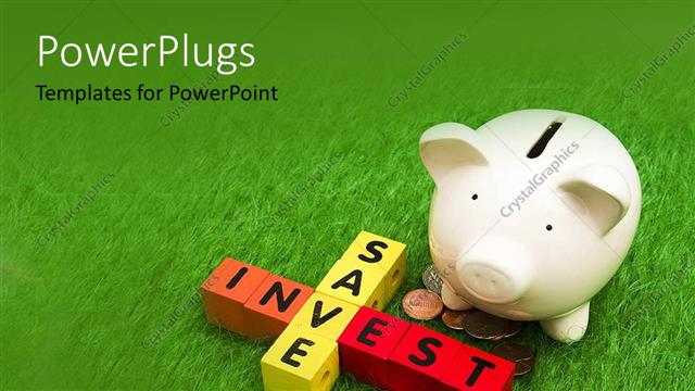  Presentation with piggy bank - 3D cubes form investment and savings crossword with piggy bank on grass