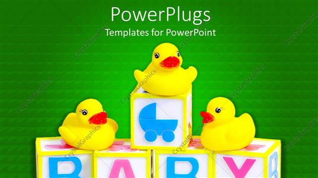  Presentation with rubber - 3D cubes with pink and blue baby word and three yellow rubber ducks on green background