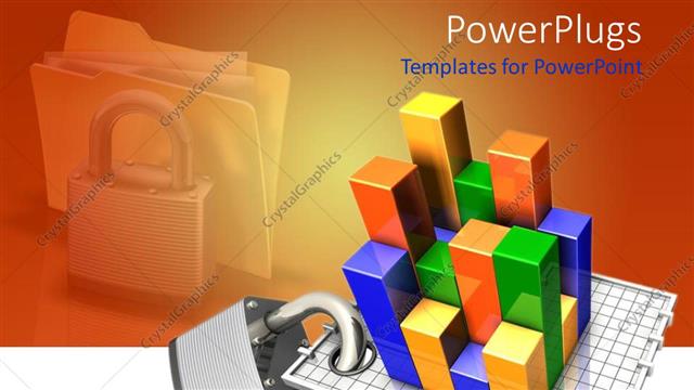  Presentation with data - 3D depiction of a colorful chart with a metallic pad lock