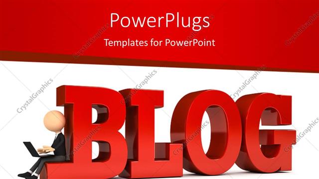  Presentation with blog - 3D depiction of a person with laptop sitting beside blog with red color