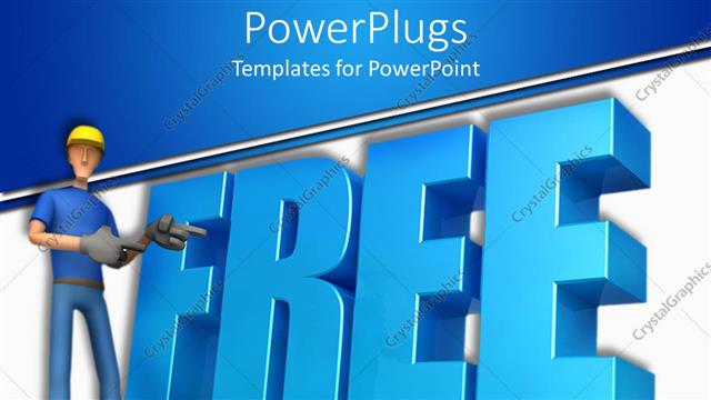  Presentation with band - 3D figure of constructor showing towards blue 3D free word on white band and blue background