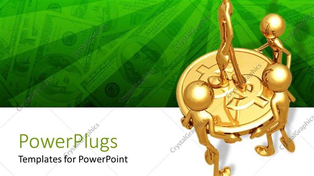  Presentation with green gold - 3D figure standing on gold dollar coin held by three 3D gold figures on green background filled with dollar bills