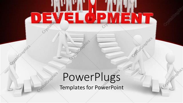  Presentation with white letters - 3D figures with four white figures going up white stairs and six white figures with a red figure in front of them with the word development written in red letters