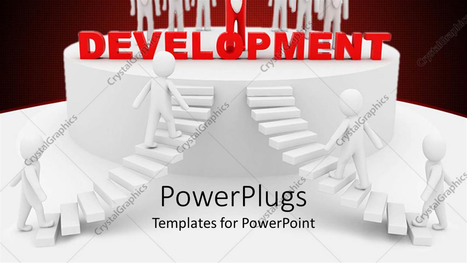 Featuring 3D Figures with Four White Figures Going Up White Stairs and Six White Figures with a Red Figure in Front of them with the Word Development Written in Red Letters