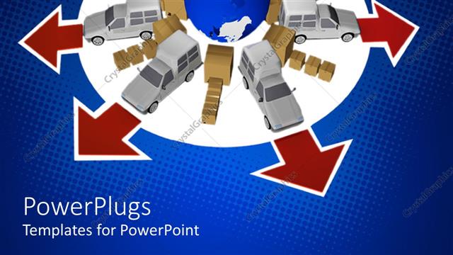  Presentation with trucks - 3D globe framed by trucks with red arrows depicting international transportation and delivery