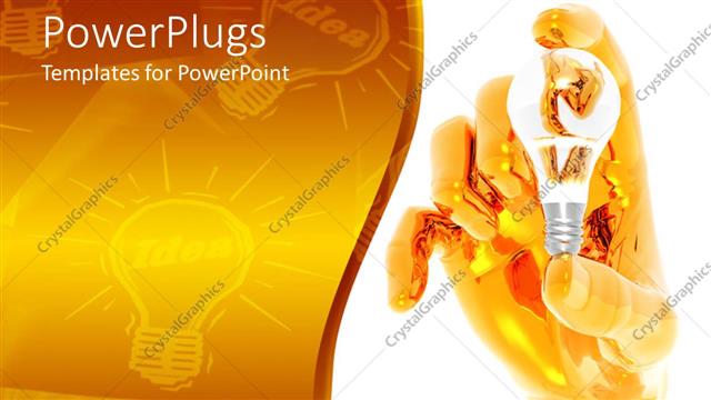  Presentation with golden light - 3D glossy golden hand holding traditional light bulb on white background with idea light bulbs on golden background