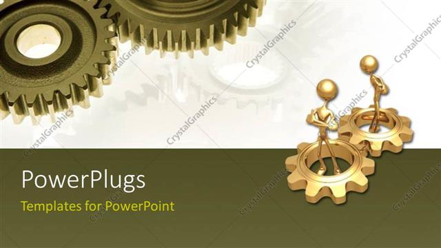  Presentation with gears gold - 3D gold plated men standing in connected gold gears?