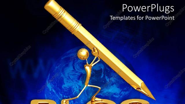  Presentation with blog - 3D golden blog word with figure holding huge golden pencil, globe on blue background
