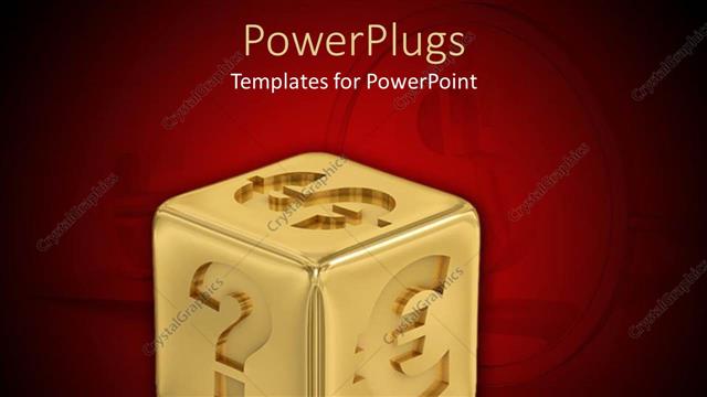  Presentation with golden dollar sign - 3D golden cube with dollar sign, euro symbol, question mark on red background with dollar coin