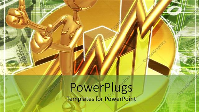  Presentation with growth chart - 3D golden figure with golden chart bars and rising arrow with money bills in the green background