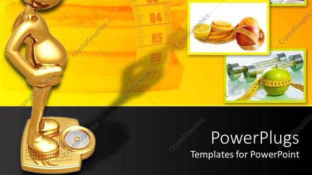  Presentation with golden yellow - 3D golden figure on golden weighing machine, hamburger surrounded by measuring tape, three depictions of fruits with measuring tape around them on yellow and black background