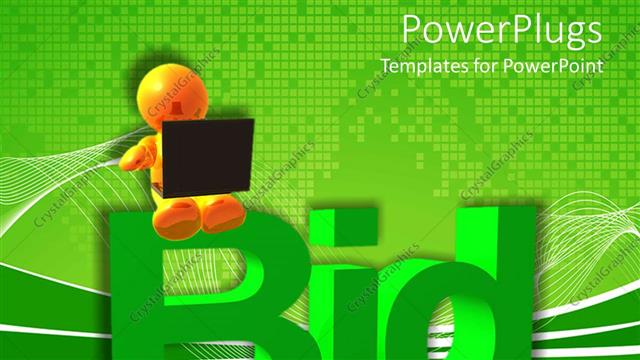  Presentation with bid - 3D golden figure holding laptop in lap sitting on green word bid