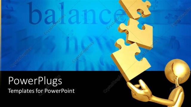  Presentation with holding puzzle pieces - 3D golden figure holding puzzle pieces one on top of another with word cloud words related to balance