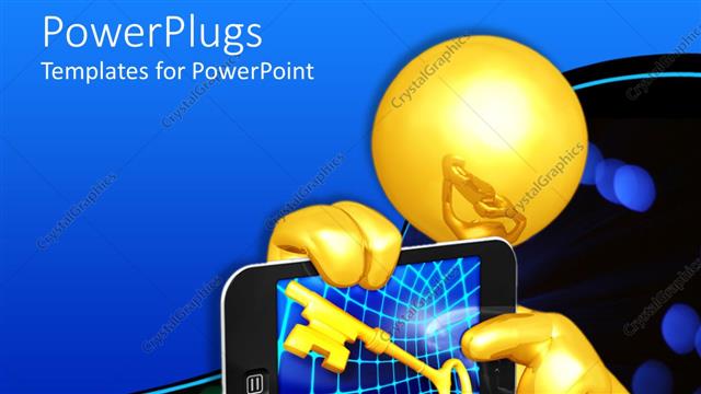  Presentation with touch screen - 3D golden figure holding smartphone with golden key on abstract patterned screen