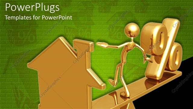  Presentation with percentage - 3D golden figure keeping balance on scale with house on one side and percentage symbol on other side