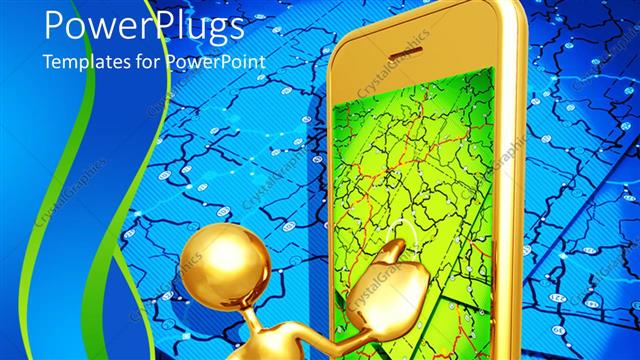  Presentation with touch screen - 3D golden figure with large mobile phone with touch screen displaying map with connections on blue background