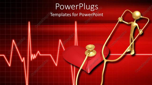  Presentation with heartbeat - 3D golden figure with stethoscope controlling heart beats with heartbeat line on red background