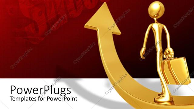  Presentation with suitcase - 3D golden figure with suitcase going up golden rising arrow pointing to red success word