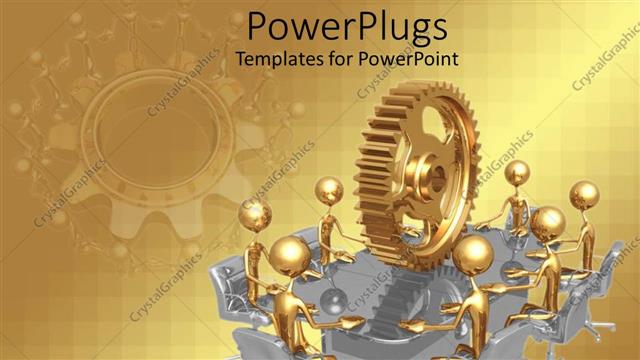  Presentation with labor - 3D golden figures standing around a silver reflective table with huge golden gear on top of table