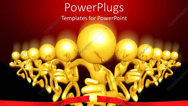  Presentation with finish line - 3D golden glowing figures running in a competition getting through red finish line